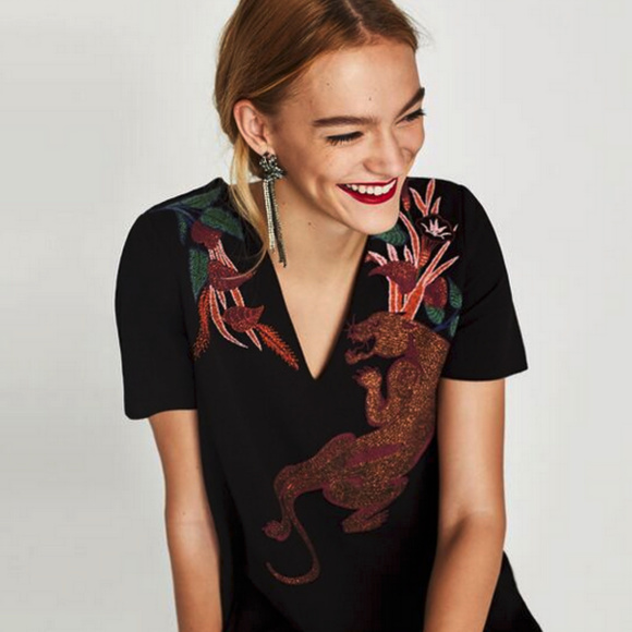 Zara Black Printed Dress short Sleeves size S - Picture 5 of 8